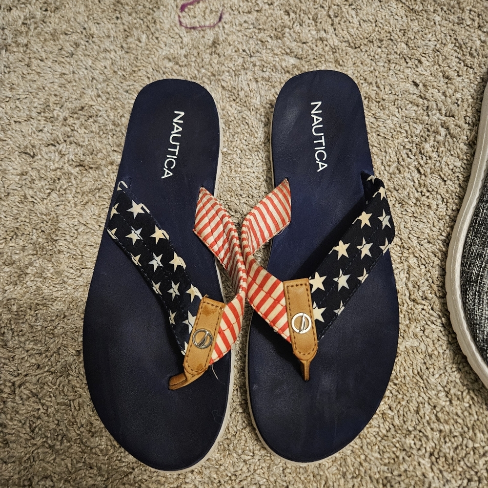 Nautica Navy and Red Star Stripe Flip Flops